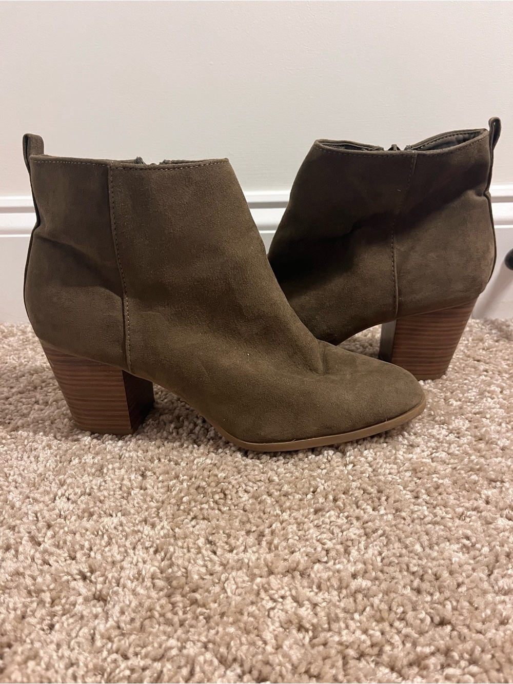 Old Navy Olive Suede Ankle Booties with Stacked Heel